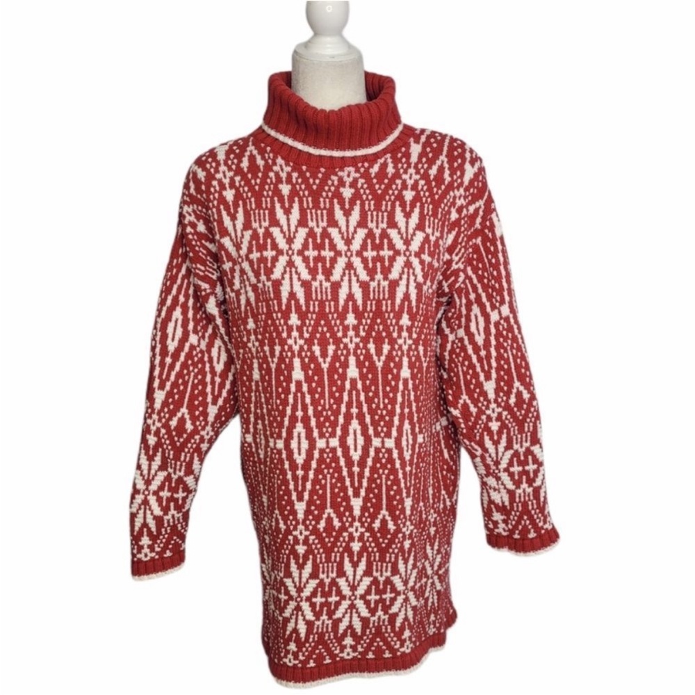 VTG Delia McKain 1990 Nordic Red Snowflake Sweater Turtleneck Tunic Dress - M